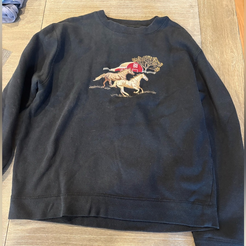 Bit & Bridle Black Crewneck Sweater with Equestrian Embroidery